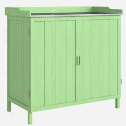 Rackhams Wood Garden Storage Cabinet, Outdoor Tool Shed, Potting Bench Table with galvanised Top and Two Shelves for garden Tools or Pool Accessories, Green - Green