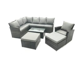 Rackhams 9 Seater Rattan Lounge Corner Sofa Set Wicker PE Outdoor Garden Furniture Set with Coffee Table 2 Big Fotstools Dark Grey Mixed - thumbnail 1
