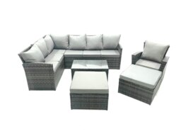 Rackhams 9 Seater Rattan Lounge Corner Sofa Set Wicker PE Outdoor Garden Furniture Set with Coffee Table 2 Big Fotstools Dark Grey Mixed - thumbnail 2