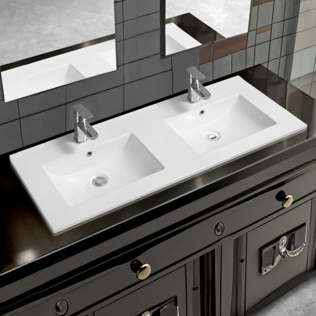 Rackhams 4001A Ceramic 121cm Thin-Edge Double Inset Basin with Scooped Bowl - White - Ceramic - 121cm Double - image 1