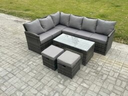 Rackhams 8 Seater Outdoor Rattan Garden Furniture Set Corner Sofa Oblong Coffee Table Sets with Patio 2 Small Footstools Dark Grey Mixed - thumbnail 1