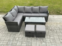 Rackhams 8 Seater Outdoor Rattan Garden Furniture Set Corner Sofa Oblong Coffee Table Sets with Patio 2 Small Footstools Dark Grey Mixed - thumbnail 2
