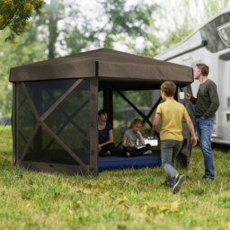 Rackhams 3 x 3(m) Hexagon Pop Up Gazebo with 5 Sides, Netting, Brown - Brown - Oxford fabric, Fibreglass, Nylon Mesh - 315L x 315W x 220H cm - thumbnail 1