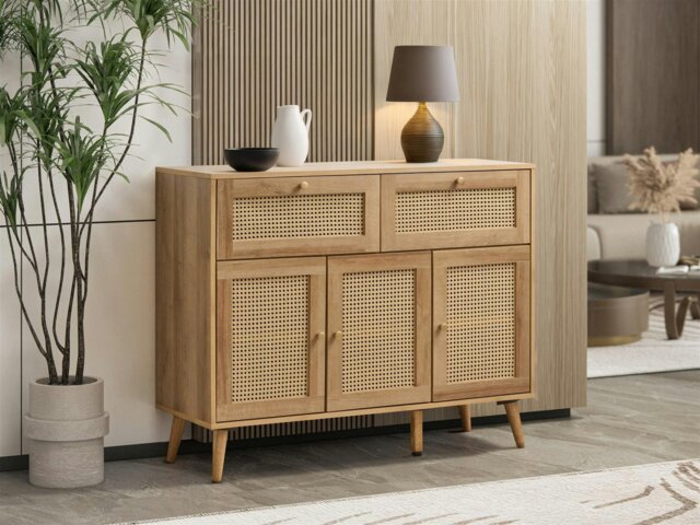 Rackhams Manila Rattan 3 Door 2 Drawer Sideboard - Oak and PVC Rattan