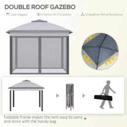 Rackhams 3.3 x 3.3m Pop Up Gazebo, Double Roof Foldable Canopy Tent with Zipped Mesh Sidewalls, Height Adjustable and Carrying Bag, Event Tent, Grey - thumbnail 4