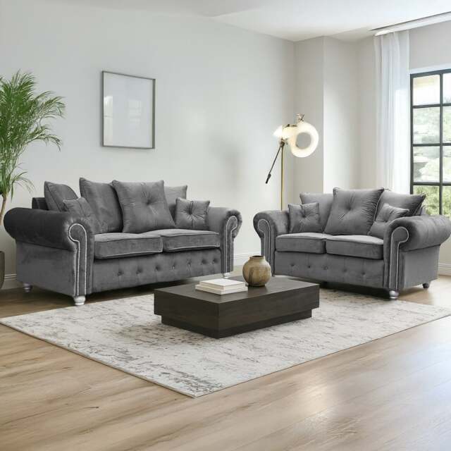 Rackhams Zoey Grey Plush Velvet Sofa Suite - image 1