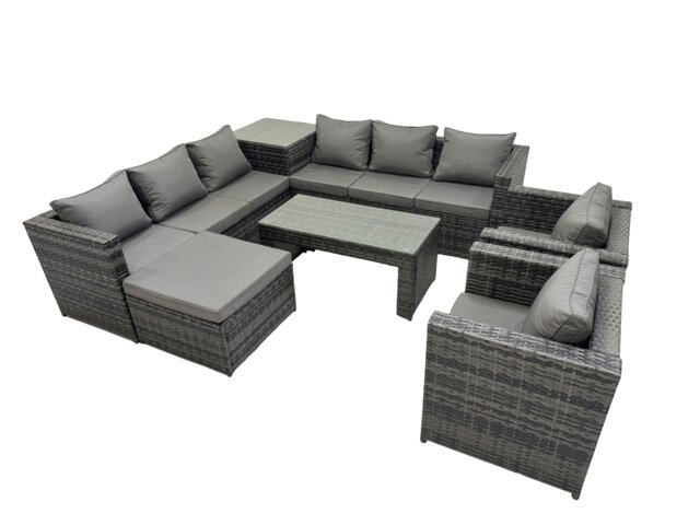 Rackhams Garden Rattan Outdoor Furniture Set 9 Seater Patio Corner Sofa Oblong Coffee Table with Chair Big Stool Side Table Dark Grey - image 1