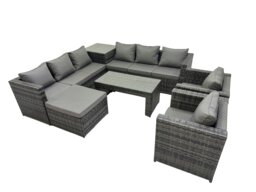 Rackhams Garden Rattan Outdoor Furniture Set 9 Seater Patio Corner Sofa Oblong Coffee Table with Chair Big Stool Side Table Dark Grey - thumbnail 1