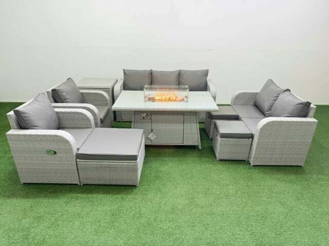 Rackhams Rattan Garden Furniture Set Reclining Chair Sofa Double Love Seat 2 Seater Sofa Fire Pit Dining Table 3 Stools Side Table Light Grey - image 1