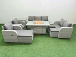 Rackhams Rattan Garden Furniture Set Reclining Chair Sofa Double Love Seat 2 Seater Sofa Fire Pit Dining Table 3 Stools Side Table Light Grey - thumbnail 1