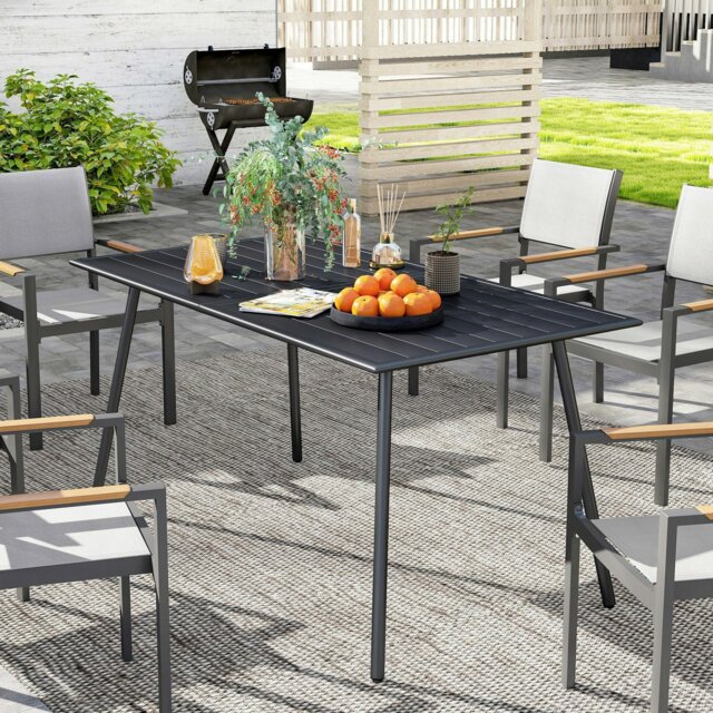 Rackhams Garden Table for 6 Person with Slat Top, Steel Frame, Black - Black - Steel - 150L x 80W x 74Hcm - image 1