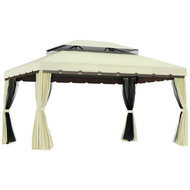 Rackhams 4 x 3 m Aluminum Garden Gazebo, Double Roof Outdoor Gazebo Canopy Shelter with Netting & Curtains for Garden, Lawn, Backyard and Deck, Cream - image 1