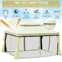Rackhams 4 x 3 m Aluminum Garden Gazebo, Double Roof Outdoor Gazebo Canopy Shelter with Netting & Curtains for Garden, Lawn, Backyard and Deck, Cream - thumbnail 4