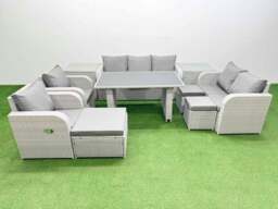 Rackhams 10 Seater Garden Furniture Set PE Rattan Garden Sofa Set with Rectangular Dining Table 3 Stool 2 Side Tables Light Grey - thumbnail 1