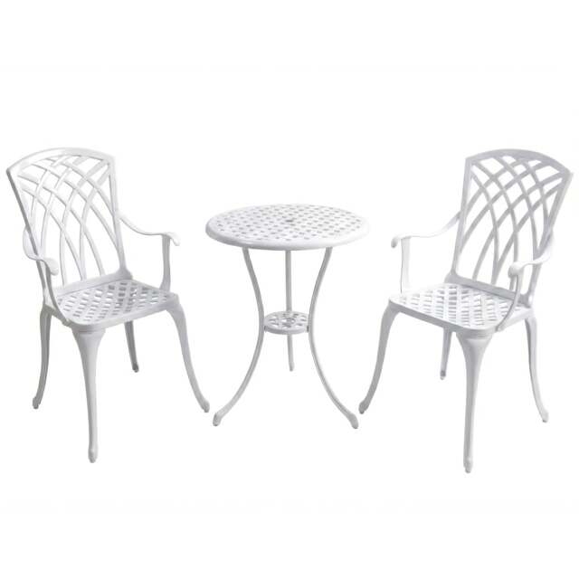 Rackhams OSHOWA Luxurious Garden and Patio Table and 2 Large Chairs with Armrests Cast Aluminium Bistro Set - White - image 1