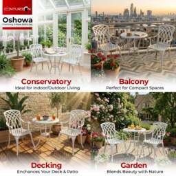 Rackhams OSHOWA Luxurious Garden and Patio Table and 2 Large Chairs with Armrests Cast Aluminium Bistro Set - White - thumbnail 3