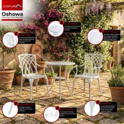 Rackhams OSHOWA Luxurious Garden and Patio Table and 2 Large Chairs with Armrests Cast Aluminium Bistro Set - White - thumbnail 4