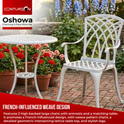 Rackhams OSHOWA Luxurious Garden and Patio Table and 2 Large Chairs with Armrests Cast Aluminium Bistro Set - White - thumbnail 2