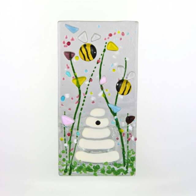 Rackhams Fused Glass Tea Light Holder – Bumble Bee & Summer Meadow (Handmade)