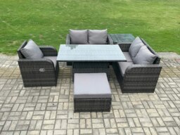 Rackhams Wicker PE Rattan Garden Dining Set - Dark Grey Mixed Outdoor Height Adjustable Rising Lifting Table Sofa with Reclining Chair - thumbnail 2