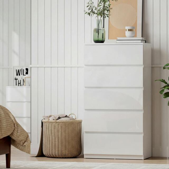 Rackhams Bedroom Chest of Drawers, Dresser - 5 - High Gloss White - 55 x 34 x 100cm - image 1