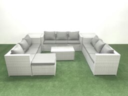 Rackhams Rattan Garden Outdoor Furniture Set 10 Seater Garden Sofa Coffee Table Set with Big Footstool 2 Side Tables Light Grey Mixed - thumbnail 1