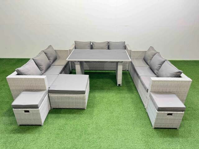 Rackhams Patio Outdoor Garden Furniture Sets with Black Glass Top Dining Table 3 Seater Sofa 3 Stool Light Grey - image 1