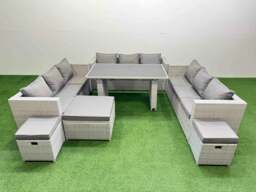 Rackhams Patio Outdoor Garden Furniture Sets with Black Glass Top Dining Table 3 Seater Sofa 3 Stool Light Grey - thumbnail 1