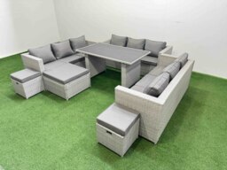 Rackhams Patio Outdoor Garden Furniture Sets with Black Glass Top Dining Table 3 Seater Sofa 3 Stool Light Grey - thumbnail 2