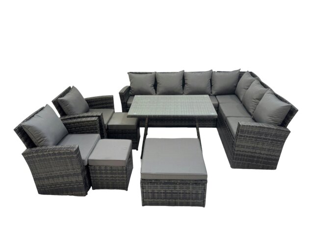 Rackhams 11 Seater Garden Outdoor Rattan Furniture Set Rattan Corner Sofa Oblong Dining Table with 2 Armchairs 3 Footstools Dark Grey - image 1