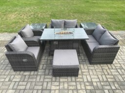 Rackhams 7 Seater Rattan Garden Furniture Set Propane Gas Fire Pit Table and Sofa Chair set with 2 Side Tables Big Footstool - thumbnail 1