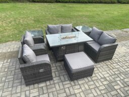 Rackhams 7 Seater Rattan Garden Furniture Set Propane Gas Fire Pit Table and Sofa Chair set with 2 Side Tables Big Footstool - thumbnail 2