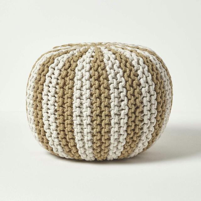 Rackhams Off White and Linen Knitted Pouffe Striped Footstool - 35 x 40 cm - image 1