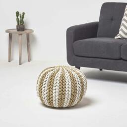 Rackhams Off White and Linen Knitted Pouffe Striped Footstool - 35 x 40 cm - thumbnail 2