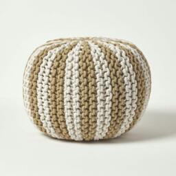 Rackhams Off White and Linen Knitted Pouffe Striped Footstool - 35 x 40 cm