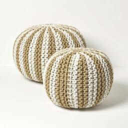 Rackhams Off White and Linen Knitted Pouffe Striped Footstool - 35 x 40 cm - thumbnail 5