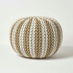 Rackhams Off White and Linen Knitted Pouffe Striped Footstool - 35 x 40 cm - thumbnail 6