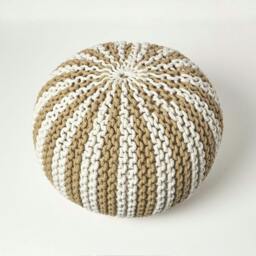 Rackhams Off White and Linen Knitted Pouffe Striped Footstool - 35 x 40 cm - thumbnail 3