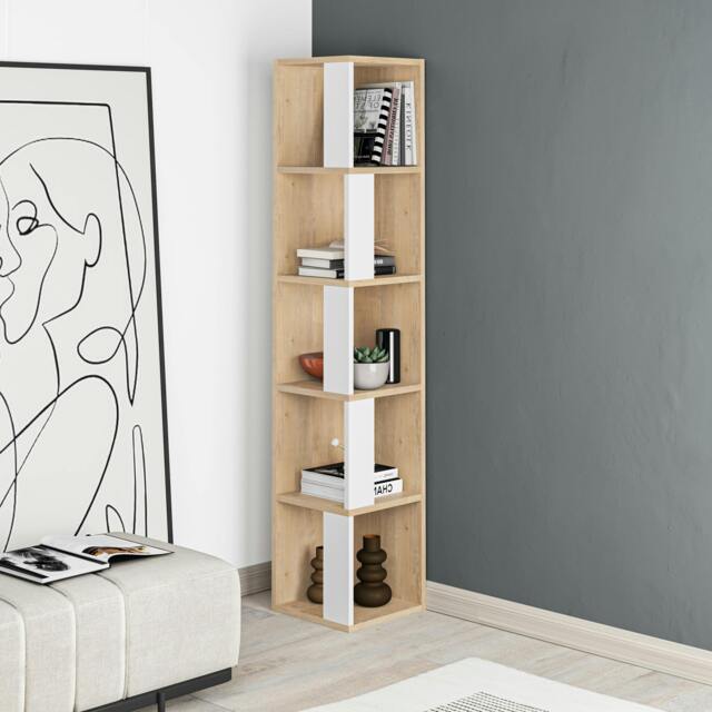 Rackhams Piano Modern Corner Bookcase Tall Display Unit 158.9cm - Oak White - image 1