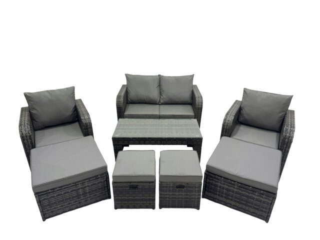 Rackhams 3 Seater Sofa Reclining Chair Coffee Table Set Rattan Garden Outdoor Furniture Set with 4 Stool Dark Grey Mixed - image 1