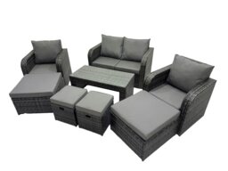 Rackhams 3 Seater Sofa Reclining Chair Coffee Table Set Rattan Garden Outdoor Furniture Set with 4 Stool Dark Grey Mixed - thumbnail 2