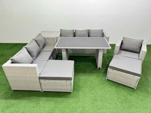Rackhams Patio Garden Furniture Sets with Black Glass Top Dining Table 3 Seater Sofa Armchair Side Table 2 Big Stool Light Grey - image 1