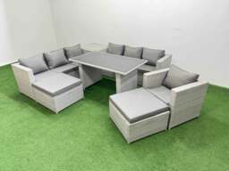 Rackhams Patio Garden Furniture Sets with Black Glass Top Dining Table 3 Seater Sofa Armchair Side Table 2 Big Stool Light Grey - thumbnail 2