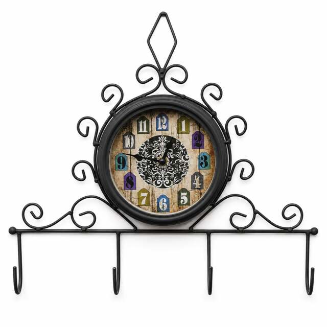 Rackhams Clock with Coat Hooks, Single-Sided Wall-Mount Design for Indoor or Outdoor Use, Black Metal Finish, 15cm Clock Face - image 1
