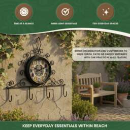 Rackhams Clock with Coat Hooks, Single-Sided Wall-Mount Design for Indoor or Outdoor Use, Black Metal Finish, 15cm Clock Face - thumbnail 2
