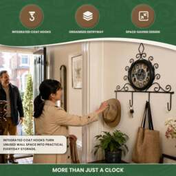 Rackhams Clock with Coat Hooks, Single-Sided Wall-Mount Design for Indoor or Outdoor Use, Black Metal Finish, 15cm Clock Face - thumbnail 4