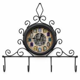 Rackhams Clock with Coat Hooks, Single-Sided Wall-Mount Design for Indoor or Outdoor Use, Black Metal Finish, 15cm Clock Face