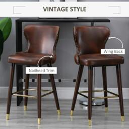 Rackhams Bar Stools Set of 2, PU Leather Barstools with Back, Footrest and Wood Legs for Kitchen, Counter, Breakfast Bar, Brown - thumbnail 4