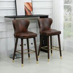 Rackhams Bar Stools Set of 2, PU Leather Barstools with Back, Footrest and Wood Legs for Kitchen, Counter, Breakfast Bar, Brown - thumbnail 2