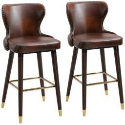 Rackhams Bar Stools Set of 2, PU Leather Barstools with Back, Footrest and Wood Legs for Kitchen, Counter, Breakfast Bar, Brown - thumbnail 1